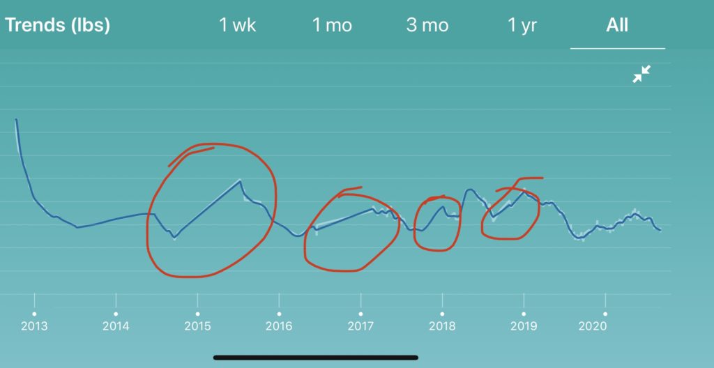 A graph that depicts my weight since 2013